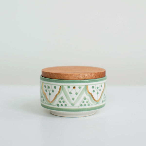 Hand-Painted Ceramic Box w/ Wooden Lid - Celadon IV