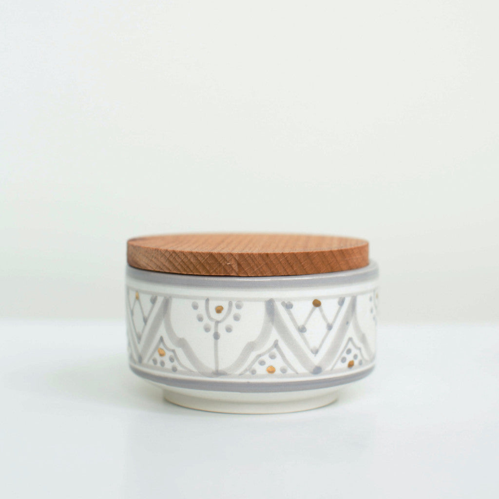 Hand-Painted Ceramic Box w/ Wooden Lid - Grey I