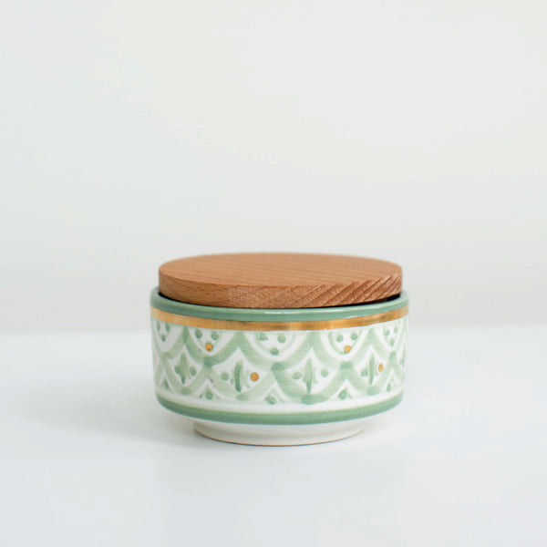 Hand-Painted Ceramic Box w/ Wooden Lid - Celadon II