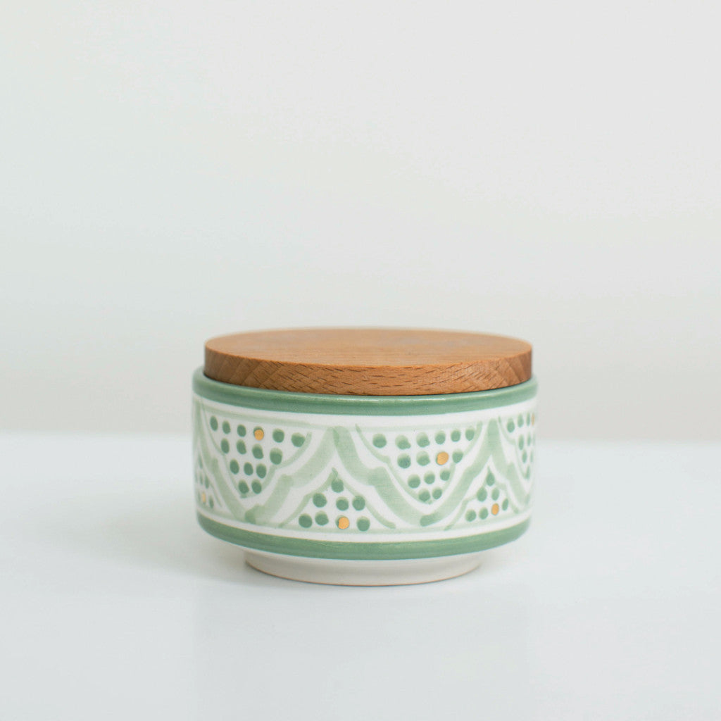 Hand-Painted Ceramic Box w/ Wooden Lid - Celadon I
