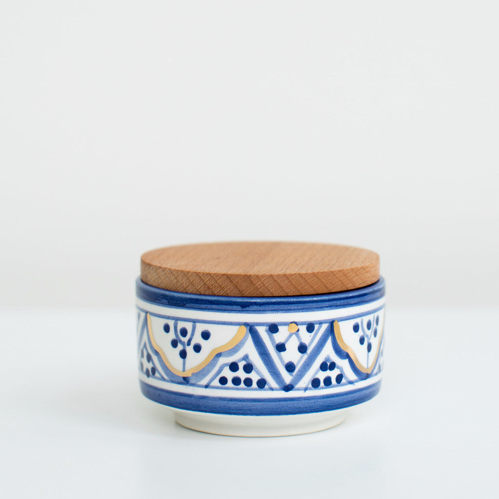 Hand-Painted Ceramic Box w/ Wooden Lid - Royal Blue I