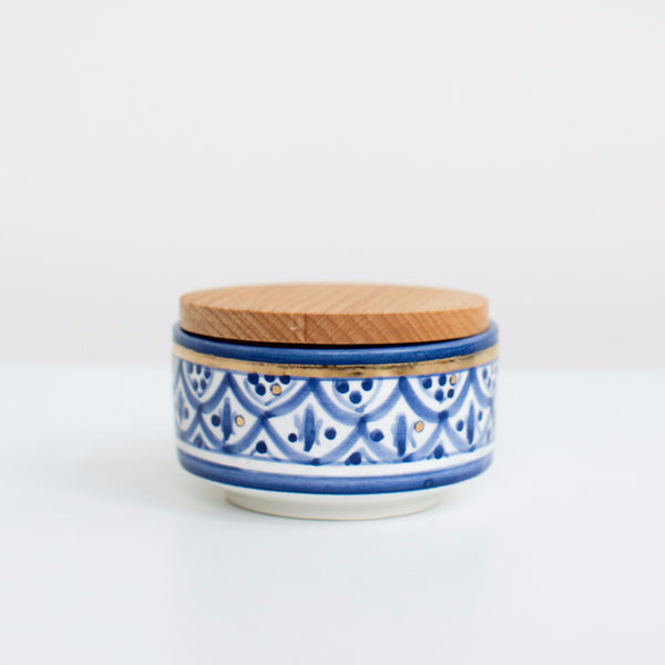 Hand-Painted Ceramic Box w/ Wooden Lid - Royal Blue III