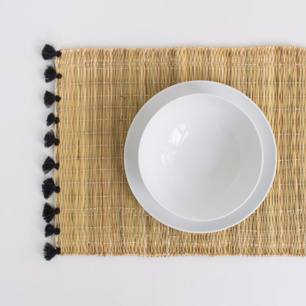 Straw Table Mats with Tassels - Black (Set of 2)