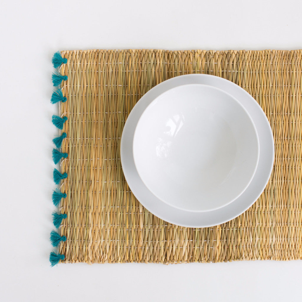 Straw Table Mats with Tassels - Teal (Set of 2)